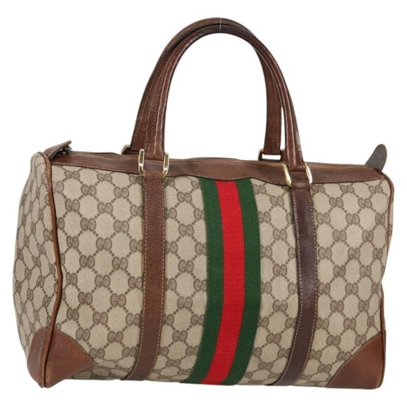 GUCCI GG Supreme Web Sherry Line Mini Boston Bag PVC Beige Gold Auth ki5835 - Picture 1 of 16